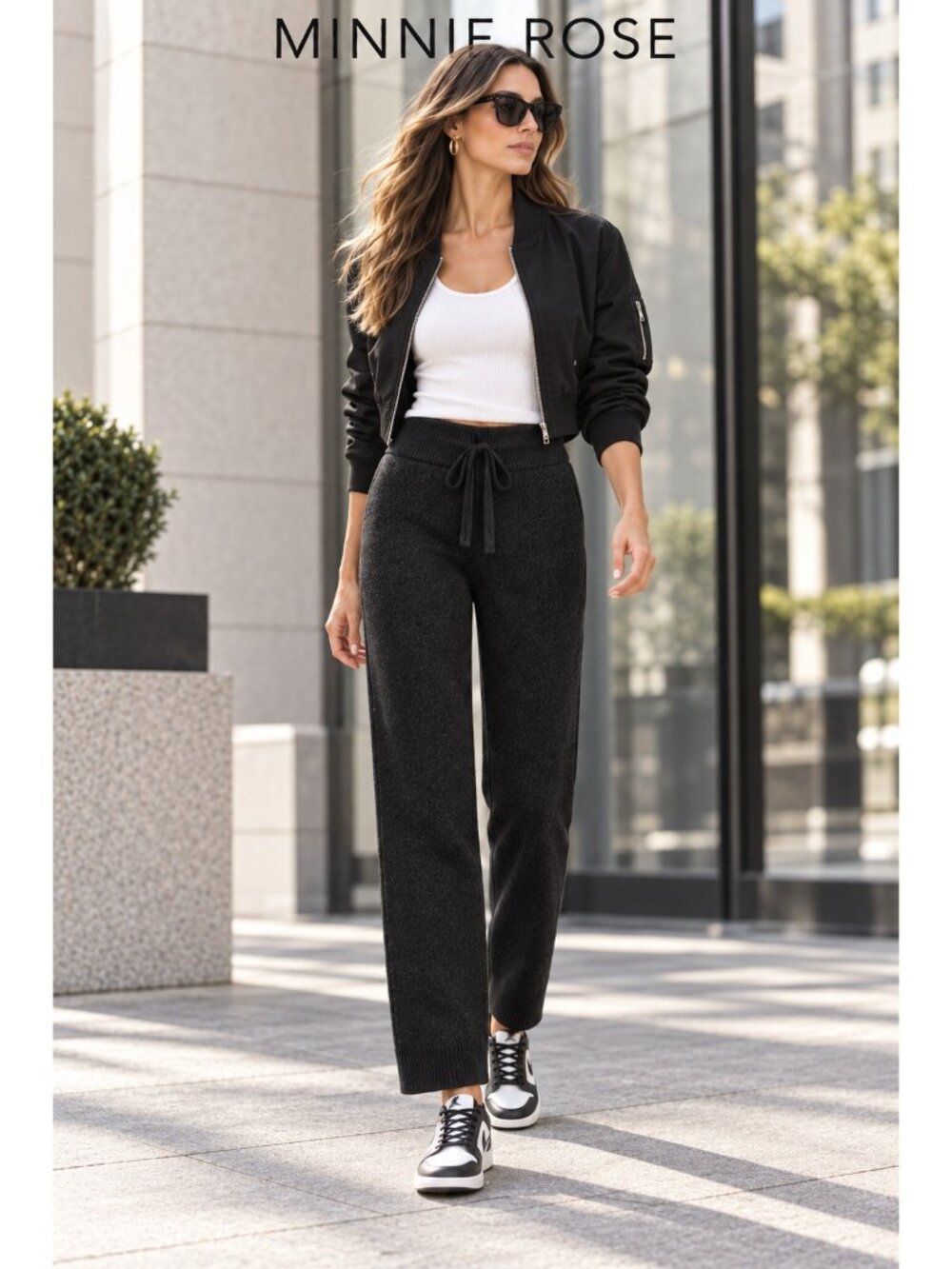 Minnie Rose 100% Cashmere Black Wide Leg Knit Pants Drawstring Size M